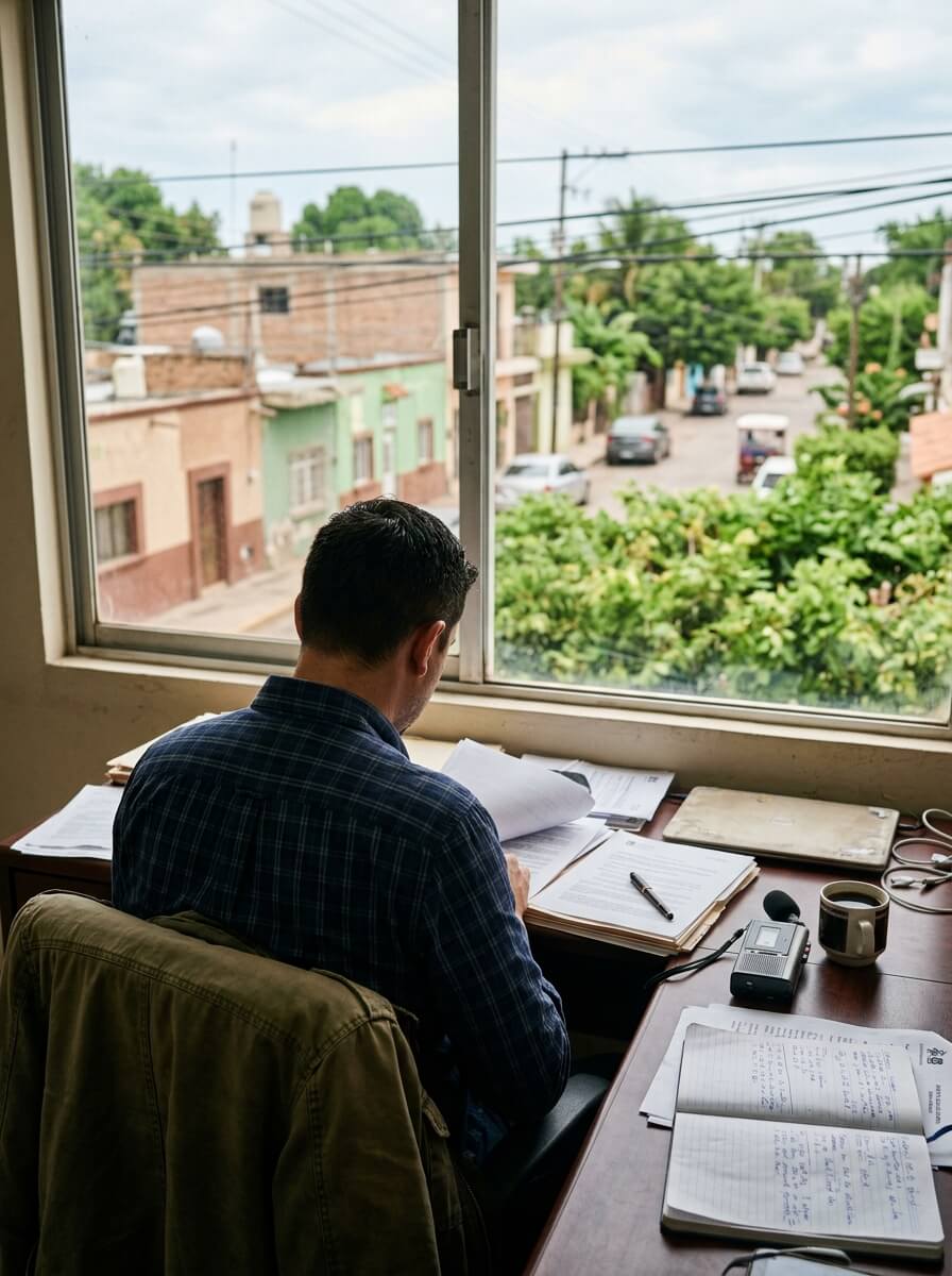 Periodista trabajando con documentos en Sinaloa
